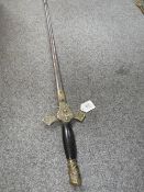 AN EARLY 20TH CENTURY AMERICAN 'KNIGHTS OF COLUMBUS' DRESS SWORD, engraved blade, wooden grip with