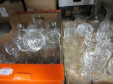 TWO TRAYS OF ASSORTED GLASS WARE, TABLE LAMPS, RECORDS ETC