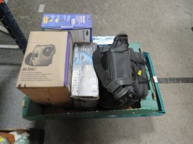 TWO TRAYS OF ASSORTED MOBILE PHONES, CAMERA EQUIPMENT ETC