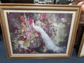 A LARGE FRAMED AND GLAZED COLOURED PRINT DEPICTING A PEACOCK, PARROT ETC