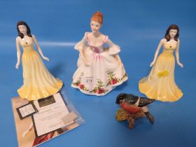A ROYAL DOULTON FIGURINE COUNTRY ROSE TOGETHER WITH TWO ROYAL DOULTON TOPAZ FIGURINES AND A