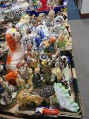 THREE TRAYS OF ASSORTED CERAMICS TO INCLUDE STAFFORDSHIRE STYLE FIGURES, OWLS ETC