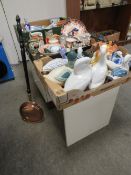 THREE BOXES OF ASSORTED BLUE/WHITE WARE AND A COPPER WARMING PAN