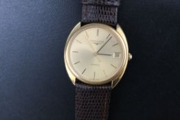 LONGINES - A 1980'S GOLD PLATED QUARTZ DATE WRIST WATCH, on replacement leather strap, Dia 3.5