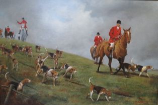 DEREK SHAPIRO (XX-XXI). A hunt in progress, signed lower right, oil on canvas, gilt framed, 49 x