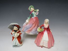 THREE ROYAL DOULTON FIGURINES, comprising 'Autumn Breezes', H 20 cm, Janet, H 17 cm, and Miss