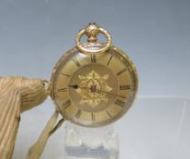 A CONTINENTAL YELLOW METAL OPEN FACED POCKET FOB WATCH, with unsigned cylinder movement, the case