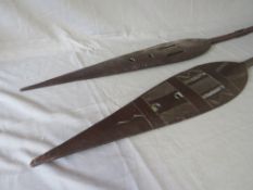 A PAIR OF TRIBAL PADDLE SPEARS, L 150 cm