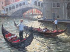 L.J. BALBIN (XX). Continental school impressionist Venetian scene with gondolas, gondoliers and