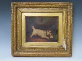 (XIX). A barn interior scene with terrier and wooden bucket, unsigned, oil on board, framed, 18 x 24