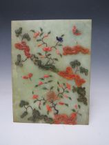 A 19TH CENTURY ORIENTAL DECORATIVE JADE AND HARDSTONE PLAQUE, 25 x 18.5 cm