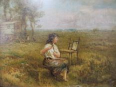 (XIX-XX). Wooded landscape with young girl in gypsy camp, unsigned, oil on board, framed, 23 x 30