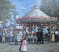 HENNIE DE KORTE (b.1941). A fairground carousel, signed lower right, oil on canvas, framed, 59 x