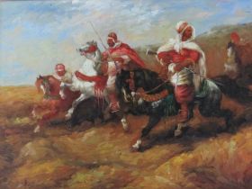 (XX-XIX). Study of Arab horsemen on horseback, unsigned, oil on board, framed, 12 x 17 cm