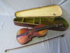 A VINTAGE VIOLIN WITH TWO PIECE BACK, back L 35.5 cm, overall L 61 cm, inscribed on reverse, in a