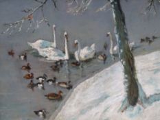 VERNON WARD (1905-1985). Winter lakeside scene with swans and ducks, signed on label verso, oil on