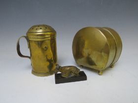 A 19TH CENTURY BRASS BOX / LAMP, together with a late 18th / early 19th century brass flour