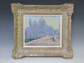 JOHN W. GOUGH (XX). Impressionist Venetian scene with figures and moored gondolas, signed lower