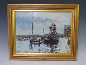 (XX). An impressionist harbour scene with numerous sailing vessels and figures, indistinctly