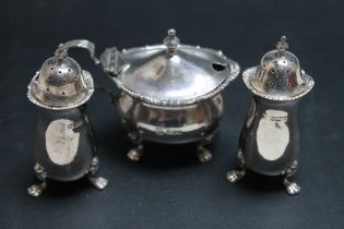 A HALLMARKED SILVER SALT THREE PIECE CRUET SET BY COOPER BROTHERS & SONS LTD - SHEFFIELD 190, all