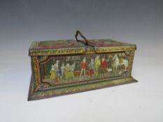 A VINTAGE HUNTLEY AND PALMER MEDIEVAL THEMED BISCUIT TIN, of rectangular form, with twin hinged