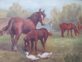 A LATE 19TH / EARLY 20TH CENTURY RURAL LANDSCAPE, with farmstead, horses and geese etc., unsigned,