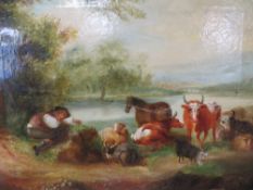 AN 18TH CENTURY WOODED RIVER LANDSCAPE, with figure, sheep, goats, cattle and horse, farmstead and