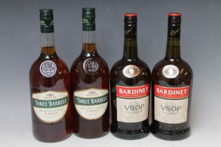 2 ONE LITRE BOTTLINGS OF THREE BARRELS V.S.O.P BRANDY, together with 2 one litre bottlings of