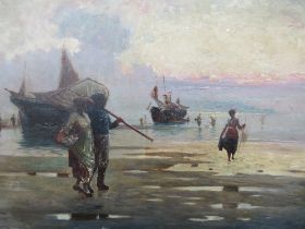 ENGLISH SCHOOL (XIX). A beach scene with fishermen and boats, signed lower left (monogram) and dated