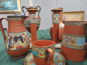 A LARGE COLLECTION OF TERRACOTTA PRATTWARE, to include flasks, jugs, candlesticks etc.,