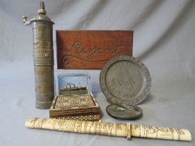 MIDDLE EASTERN ISLAMIC BRASS COFFEE GRINDER, CHINESE BONE KNIFE AND SHEATH, a 'Margaret' carved