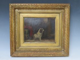 (XIX). A barn interior scene with terrier, unsigned, oil on board, framed, 19 x 24 cm