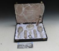 A MODERN SIX PIECE HALLMARKED SILVER DRESSING TABLE SET IN SATIN LINED GIFT BOX BY BROADWAY & CO -