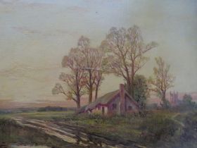 (XIX-XX). An Autumn landscape with cottage and church, indistinctly signed lower right, oil on