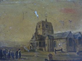 A 19TH CENTURY RURAL SCENE WITH FIGURES IN A CHURCHYARD, unsigned, oil on panel, unframed, 12 x 20
