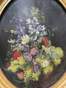 E.MAYER (XVIII-XIX). Continental school oval still life study of a basket of flowers, unsigned, oil