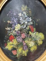 E.MAYER (XVIII-XIX). Continental school oval still life study of a basket of flowers, unsigned, oil