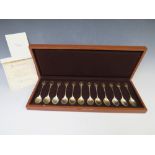A CASED SET OF TWELVE JOHN PINCHES SILVER SPOONS, for The Royal Society For The Protection Of Birds,