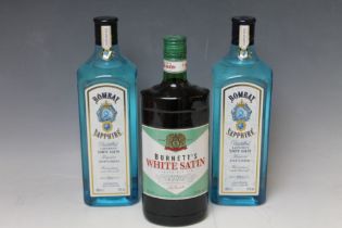 2 LITRE BOTTLINGS OF BOMBAY SAPPHIRE GIN, together with 1 bottle of Burnett's 'White Satin' London