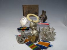 A SMALL GROUP OF COLLECTABLES, to include an epns babies rattle & teething ring, trench art lighter,