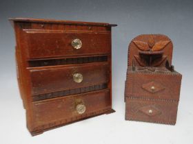TWO LATE 19TH / EARLY 20TH CENTURY TRAMP ART MINIATURE CHESTS, H 23 and 21 cm