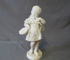 A 20TH CENTURY ALABASTER TYPE FIGURE OF A YOUNG GIRL WITH BASKET OF FLOWERS, H 36 cm