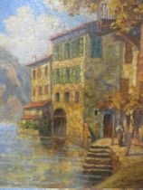 A LATE 19TH / EARLY 20TH CENTURY CONTINENTAL SCHOOL IMPRESSIONIST COASTAL VILLAGE SCENE WITH