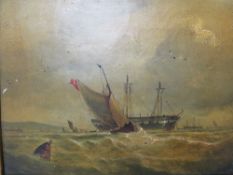 A 19TH CENTURY STORMY COASTAL SCENE, with sailing vessels in a heavy swell 'After The Gales On