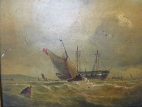A 19TH CENTURY STORMY COASTAL SCENE, with sailing vessels in a heavy swell 'After The Gales On