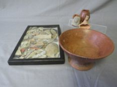 PRE COLUMBIAN POTTERY BOWL, PIPE BOWL, STONE HEAD, and a collection of native American framed glazed