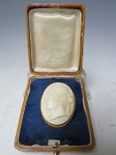 A 19TH CENTURY CAMEO BROOCH, depicting a Roman head study in yellow metal frame, 4.5 x 3.5 cm