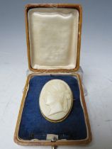 A 19TH CENTURY CAMEO BROOCH, depicting a Roman head study in yellow metal frame, 4.5 x 3.5 cm