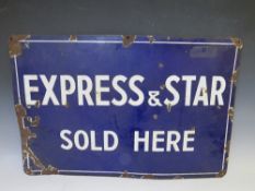 A VINTAGE LOCAL 'EXPRESS & STAR SOLD HERE' BLUE ENAMEL SIGN, 51 x 76.5 cm