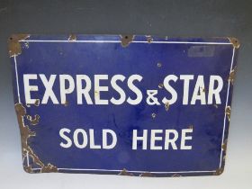 A VINTAGE LOCAL 'EXPRESS & STAR SOLD HERE' BLUE ENAMEL SIGN, 51 x 76.5 cm